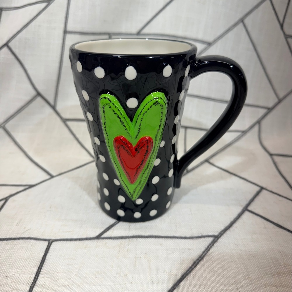 DEMDACO Tracy Pesche‎ HEARTful Home Mug 16oz Black White Polka Dot Green Heart
